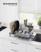 SONGMICS Large Dish Drying Rack, Expandable Dish Dryer for Kitchen Counter, Stainless Steel Dish Rack with Rotatable Spout, Utensil, Cup, Glass, Cutting Board, Pan Holders, Silver and Gray UKCS037G01