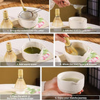 Matcha Set, 8-Piece Ceramic Matcha Bowl & Whisk Kit with Mushroom Pattern, Traditional Japanese Chawan, Bamboo Chasen, Scoop & Sifter, Gift for Tea Lovers, Zen Tea Ceremony Accessories (white)