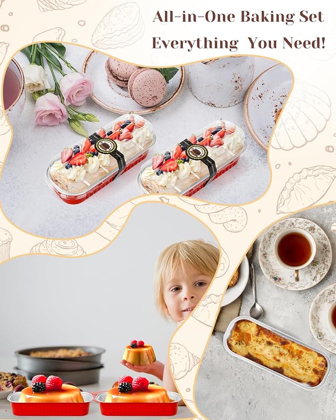 100 Pack Mini Loaf Pans with Lids and Spoons Sealing Sticker, 6.8oz Aluminum Foil Mini Cake Pans for Baking, Disposable Small Mothers Day Bread Pans with Lids – Valentines Tins CupCake, Red
