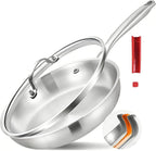 Inqibee 12 Inch Tri-Ply Stainless Steel Frying Pan with Lid, Skillet, Induction Cooking Pan, Dishwasher Safe, Detachable Large Handle