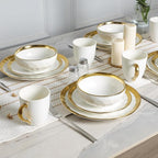 vicrays Ceramic Salad Bowls Set for Kitchen, Serving - 24 Ounce Soup Bowls, Pasta Bowls, Chip Resistant, Dishwasher Safe, NOT Microwave Safe, Fluted, Stoneware, Set of 6 (White with Golden)