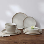 Famiware Annecy Plates and Bowls Sets, Stoneware Dinnerware Sets for 4, 12 Pieces Dish Set with Lipped Edges, Chip and Scratch Resistant, Microwave and Dishwasher Safe, Grey-White