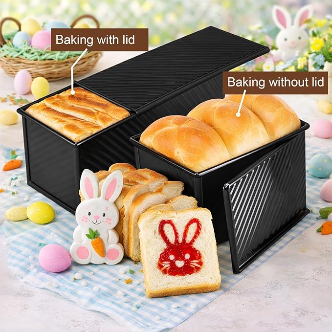 Black Pullman Loaf Pan with Lid, 13x5 Inch Aluminized Steel Pullman Bread Pan with Cover, 2.2LB & 1LB Dough Capacity, 2 Pack Sandwiches Bread Loaf Pan Nonstick, for Sourdough and Toast