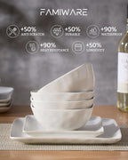 Famiware Dinnerware Sets for 6, Ocean Square 18-Piece Kitchen Plates and Bowls Sets, Microwave and Dishwasher Safe, Scratch Resistant, Matte White