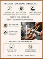 8-Piece Natural Teak Wood Utensil Set - Essential Nonstick Cooking Spoons & Spatulas, Eco-Friendly Tools
