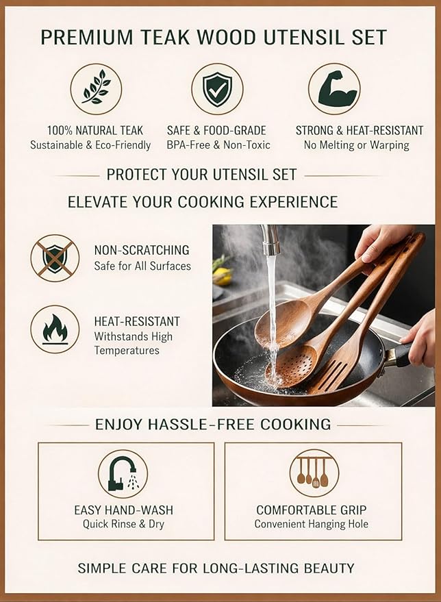 8-Piece Natural Teak Wood Utensil Set - Essential Nonstick Cooking Spoons & Spatulas, Eco-Friendly Tools