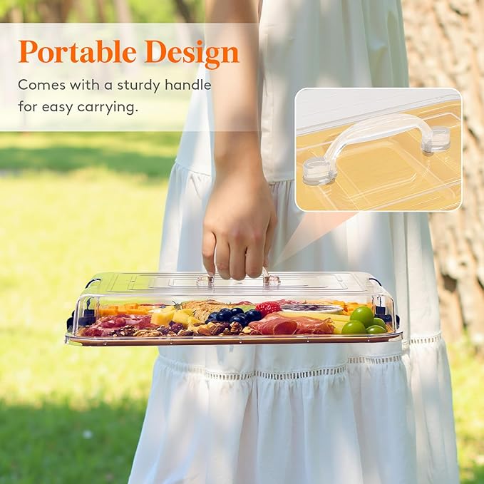 Lifewit 6 Compartment Melamine Charcuterie Board, 11 x 14 Inch Portable Cheese Board with Plastic Lockable Clear Lid, Serving Platter with Cover for Snacks, Fruit, Appetizers