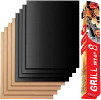 RENOOK Grill Mats for Outdoor Grill, Set of 8 （4 Black+4 Copper）BBQ Grill Mat for Outdoor Gas Grill, Non-Stick Cooking Sheets, 15.75 X 13 Inch
