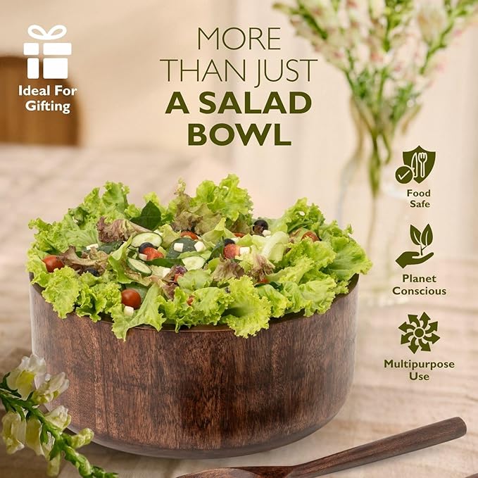 Luxe Designs 12" Dark Burnt Wooden Salad Bowl Set with Serving Utensils Eco-Friendly, Multipurpose Mixing & Serving Bowl for Salads, Pasta, Fruits & More – Durable & Stylish Kitchen Essential