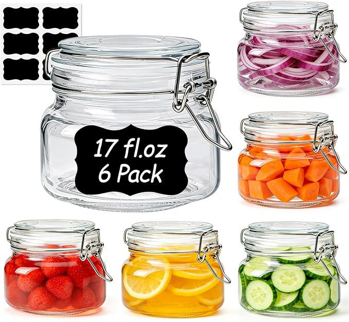 ComSaf 6 Pack 17 oz Airtight Glass Jars with Labels - Ideal for Storing Spices & Tea or Pickling Small Batches of Vegetables and Jams