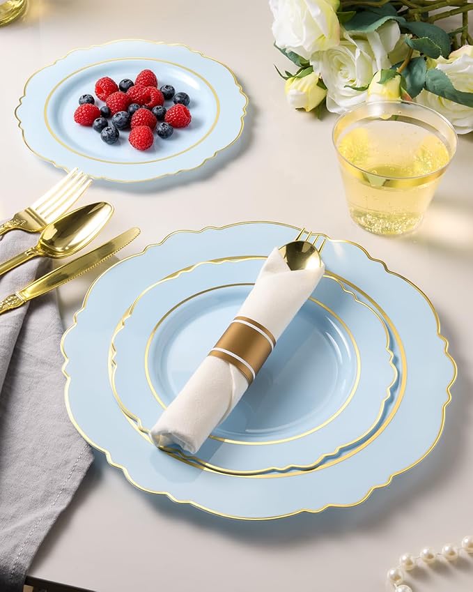 realluck 350 Piece Light Blue Plastic Dinnerware Set for 50 Guests Elegant Baroque Disposable Dinnerware for Weddings, Parties, 100 Plastic Plates, 50 Pre Rolled Napkins with Silverware, 50 Cups