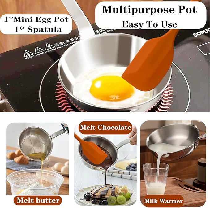 5.1-Inch Small Skillet, 304 Stainless Steel Omelet Pan, Sauce Pan Mini Skillet for Egg Frying Pan, Butter Warmer Small Pot Cooking with 11" Scraper,Orange