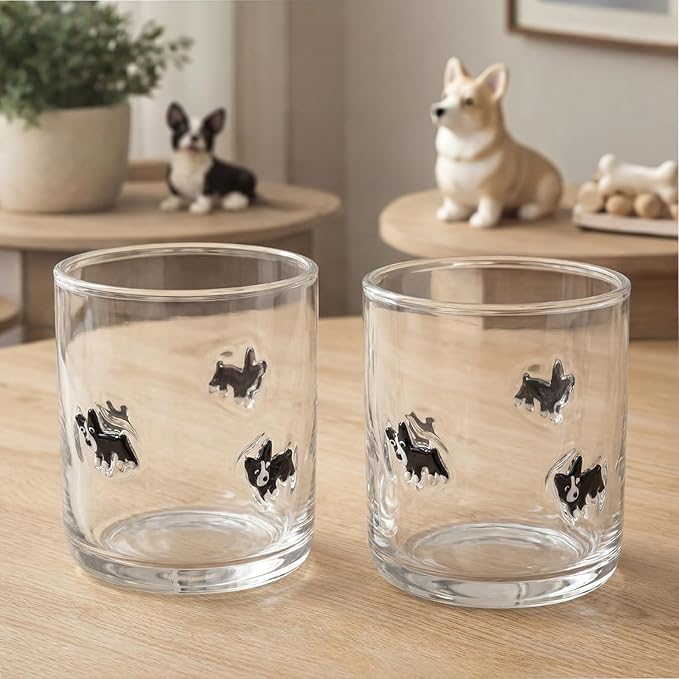 Skylety 2 Pack Icon Juice Glasses, 14 oz Stemless Glass Cups, Puppy Juice Cocktail Wine Coffee Drinking Cups for Engagement Wedding Anniversary Valentines Party Supplies