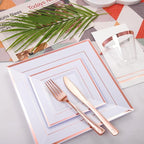 Festiva 350Pcs Rose Gold Plates and Napkins Party Supplies-Square White and Rose Gold Disposable Dinnerware include Plates Cups Cutlery Napkins for 50 Guests Wedding &Mother's Day&Birthday Party
