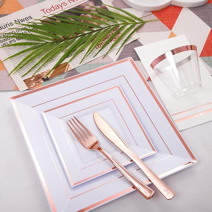 Festiva 350Pcs Rose Gold Plates and Napkins Party Supplies-Square White and Rose Gold Disposable Dinnerware include Plates Cups Cutlery Napkins for 50 Guests Wedding &Mother's Day&Birthday Party