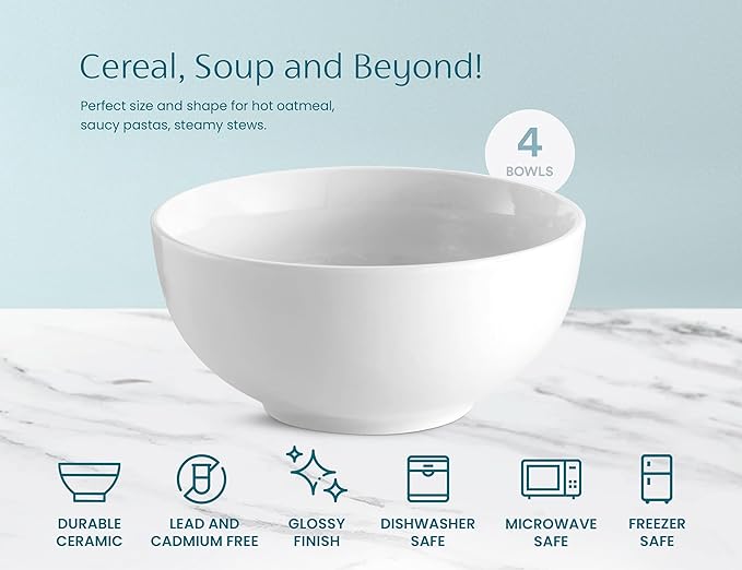 KooK Ceramic Cereal Bowls, Microwave, Dishwasher and Freezer Safe, Porcelain Dishes for Soup, Pasta, Salad, Oatmeal, Deep Interior, 24 oz, Marshmallow White (4)