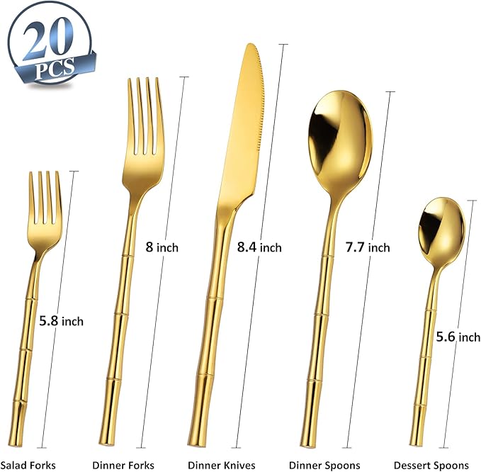 Bamboo Flatware Set Gold Silverware Set Stainless Steel Cutlery Set 20 Pieces with Bamboo Pattern Handle Hand Forged Restaurant Hotel Party Use Wedding Housewarming Gift Service for 4 Shiny Polished