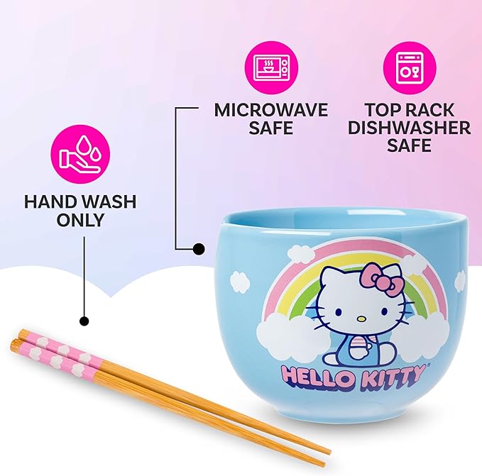 Silver Buffalo Hello Kitty Rainbow and Clouds Ceramic Ramen Noodle Rice Bowl with Chopsticks, Microwave Safe, 20 Ounces