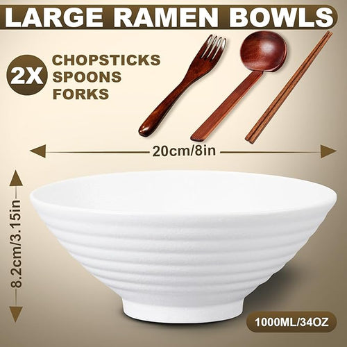 8-Inch Large Ceramic Ramen Bowl Set of 2 (9 Piece) - Microwave & Dishwasher Safe Porcelain Japanese Salad Noodles Cereal Fruit Pasta Soup Bowls with Recipes Chopsticks Forks Spoons for Men Women Gift