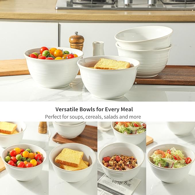 Soup Bowls,40 Ounce Deep Ceramic Bowl Sets for Cereal Soup Salad Pasta Popcorn Oatmeal Breakfast, Durable Serving BowlsSuit For Housewarming, Microwave Safe & Dishwasher Safe, Creamy White