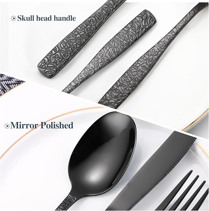 Skull Embossed Silverware Set for 8,OIULO 40-Piece Black Flatware set,Unique Gothic Pattern Design,Mirror Finished Fine Vintage Cutlery,Halloween Tableware Knives Fork Spoon Utensils Kitchen