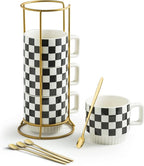 Miamolo Stackable Coffee Mug Set of 4 with Rack 11 oz Tea Cup Set with Little Spoon for Coffee Tea Cocoa Milk, Checkered Black and White Pattern Coffee Mug for Housewarming Gift