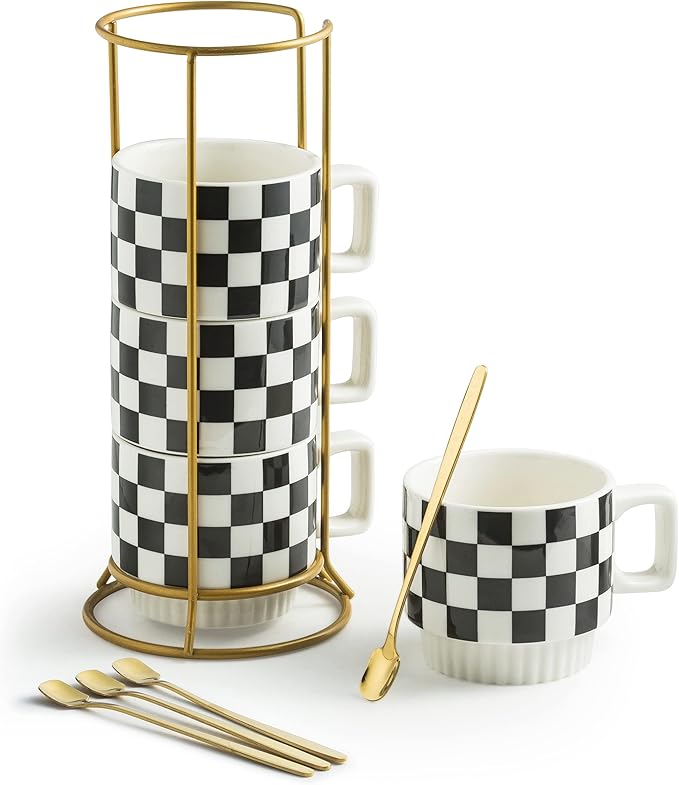 Miamolo Stackable Coffee Mug Set of 4 with Rack 11 oz Tea Cup Set with Little Spoon for Coffee Tea Cocoa Milk, Checkered Black and White Pattern Coffee Mug for Housewarming Gift