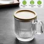 Mfacoy 4 PACK Glass Coffee Mugs with Handle & Spoon, 12 OZ Glass Coffee Cups with Bamboo Lid, Ribbed Glass Cups, Clear Tea Cup for Hot/Cold Beverages, Glassware Set for Americano, Latte, Cappuccino
