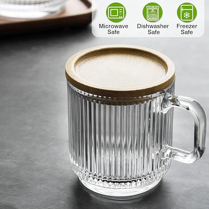 Mfacoy 4 PACK Glass Coffee Mugs with Handle & Spoon, 12 OZ Glass Coffee Cups with Bamboo Lid, Ribbed Glass Cups, Clear Tea Cup for Hot/Cold Beverages, Glassware Set for Americano, Latte, Cappuccino
