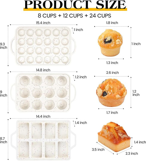 3 Pcs Silicone Baking Pan Set - Including 1 Pc Mini Loaf Pan, Standard Muffin Pan and Mini Muffin Pan - Silicone Cupcake Molds With Metal Reinforced Frame (Cream)
