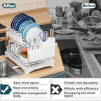 Kitchen Dish Drying Rack,2 Tier Dish Drying Rack with Draining Board, Kitchen Countertop Organizer, Multi-Use Utensil Organizer and Cup Holder, White