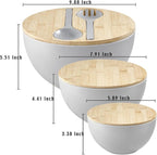 ECOWAY Salad Bowls Set of 3 with Lid & Serving Utensils, Bamboo Fiber Mixing Bowls Set Large Serving Bowls & Storage Set with Bamboo Lid for Salad, Kitchen Eating, Pasta, Popcorn, Chips, Fruit, Grey