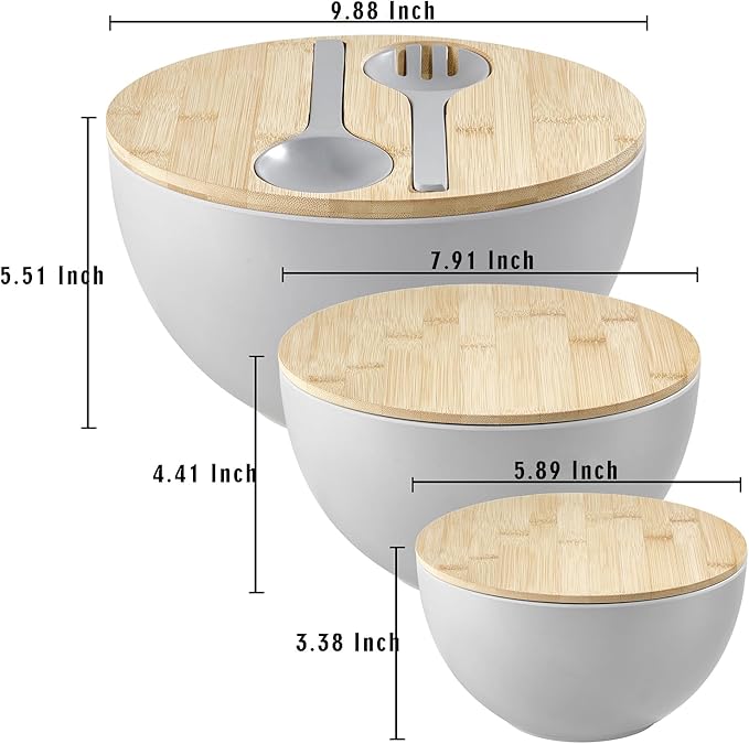 ECOWAY Salad Bowls Set of 3 with Lid & Serving Utensils, Bamboo Fiber Mixing Bowls Set Large Serving Bowls & Storage Set with Bamboo Lid for Salad, Kitchen Eating, Pasta, Popcorn, Chips, Fruit, Grey