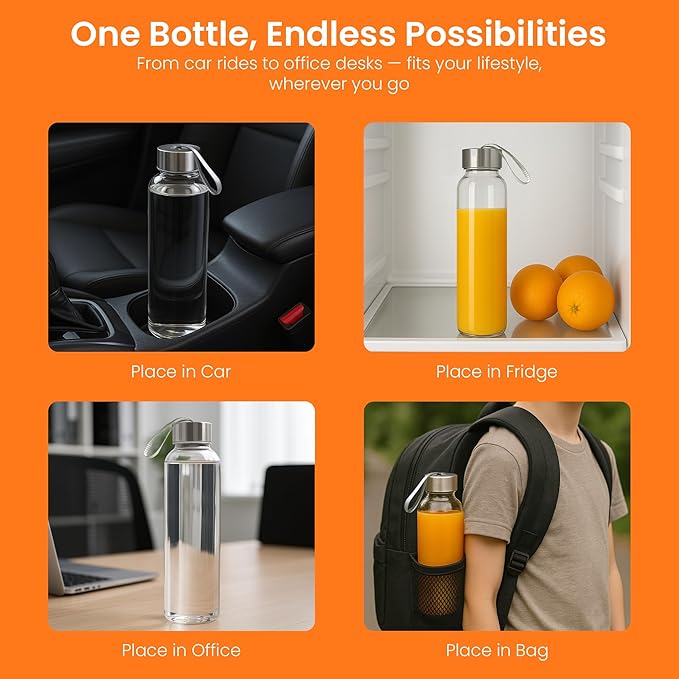 Epica glass bottles with lids – 18oz glass water bottles, reusable juice bottle with lids for storing juices, reusable water bottle durable set of 6 with Carrying Loop Caps