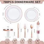 BESTVIP 700PCS Rose Gold Plastic Dinnerware Set, Disposable Party Plates for 100 Guests, Include: 200 Plastic Plates, 100 Pre Rolled Napkins with Rose Gold Silverware, 100 Cups for Christmas