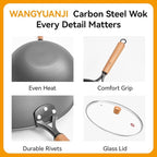 WANGYUANJI Carbon Steel Wok Pan - 12.6 Inch Flat Bottom Wok, Premium Stir Fry Pan, Uncoated Iron Woks for Induction Cookware and Gas Stoves