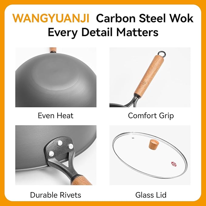 WANGYUANJI Carbon Steel Wok Pan - 12.6 Inch Flat Bottom Wok, Premium Stir Fry Pan, Uncoated Iron Woks for Induction Cookware and Gas Stoves