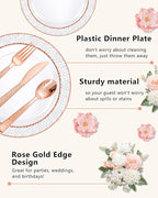 Ciaell 350PCS Rose Gold Plastic Plates - Clear Rose Gold Disposable Plates with Plastic Silverware include 100Plates, 150Silverware, 50Cups, 50Napkins for Wedding & Party & Mother's Day