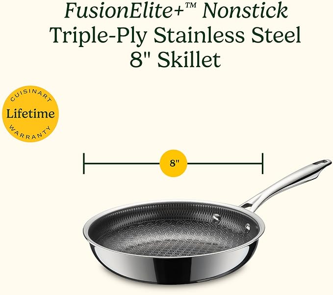 Cuisinart FusionElite+ Hybrid Nonstick Tri-Ply Stainless Steel Skillet, 8″ Skillet Frying Pan with PURELYSEAR Ceramic Nonstick Technology, Scratch Proof, Cool Grip Handles, Dishwasher Safe