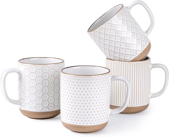 GBhome Coffee Mugs Set of 4, 12oz Handmade Stoneware Coffee Mugs Set with Large Handle for Cappuccino/Latte/Tea/Hot Cocoa, Dishwasher & Microwave Safe, Off White