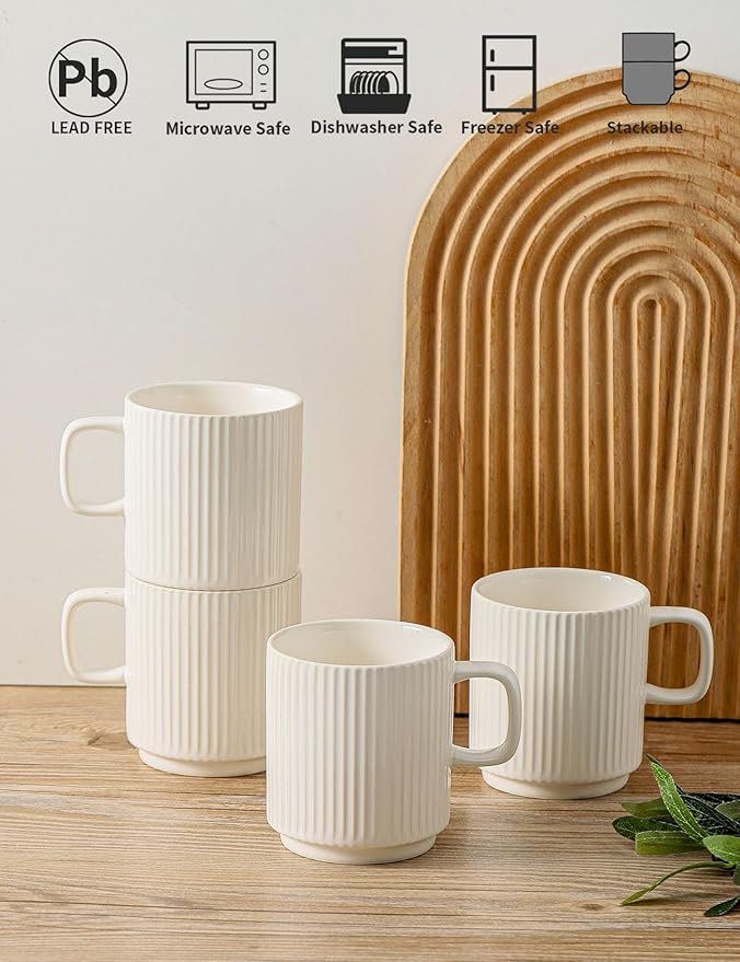 Ceramic Coffee Mugs Set of 4, Ribbed Tea Coffee Cups Set with Handle, Large Porcelain Mug for Americano, Latte, Cappuccino, Hot Chocolate, White