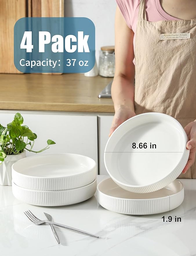 UBEE 8.5 inch Ceramic Pasta Bowls Set of 4, Big Salad Bowl, Large Dinner Plates, Microwave and Dishwasher Safe Ribbed Serving Bowls, White