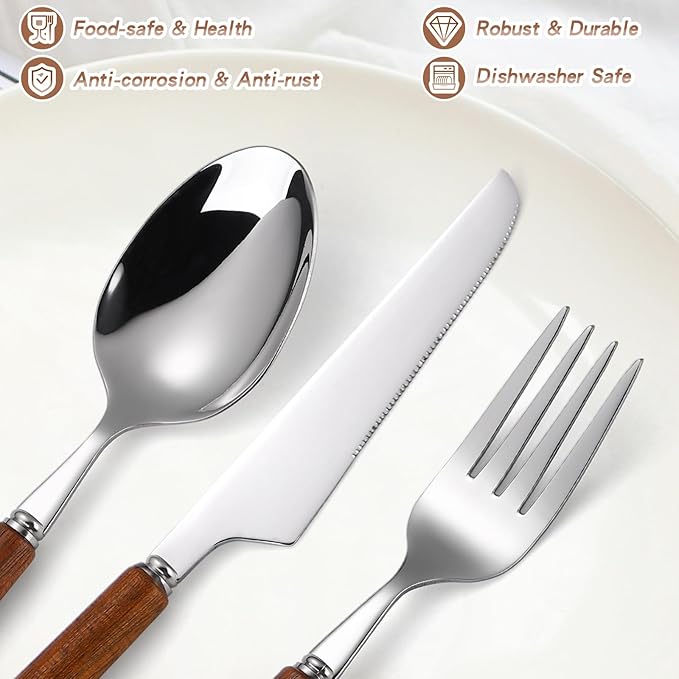 Silverware Set, 20 Piece Mirror Flatware Set 18/8 Stainless Steel Eating Utensils With Wooden Handle, A Complete Tableware Cutlery For Most Families,Knife Fork Spoon Service For 4 Dishwasher Safe