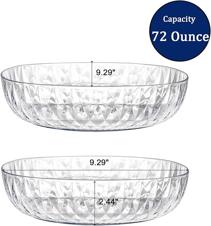 Fasmov 6 Pack Plastic Serving Bowls, Square Serving Bowls, 72 Ounce Large Elegant Diamond Pattern Plastic Bowls for Salad, Party Snack, Popcorn, Chip, Buffet, Candy, Fruit, Clear