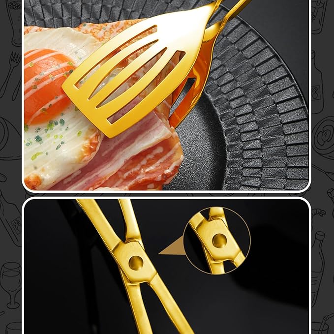 3PCS 9.8-Inch Stainless Steel Salad Tongs for Serving Heavy Duty Serving Tongs for Home Parties, Weddings, Buffets, Barbecues, Kitchen Utensils for Cake, Steak, Salad and More (3, Gold)
