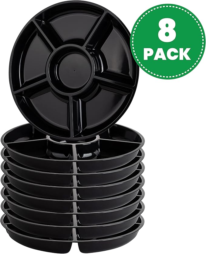 Plasticpro 6 Sectional Round Plastic Serving Tray/Platter (8, Black)