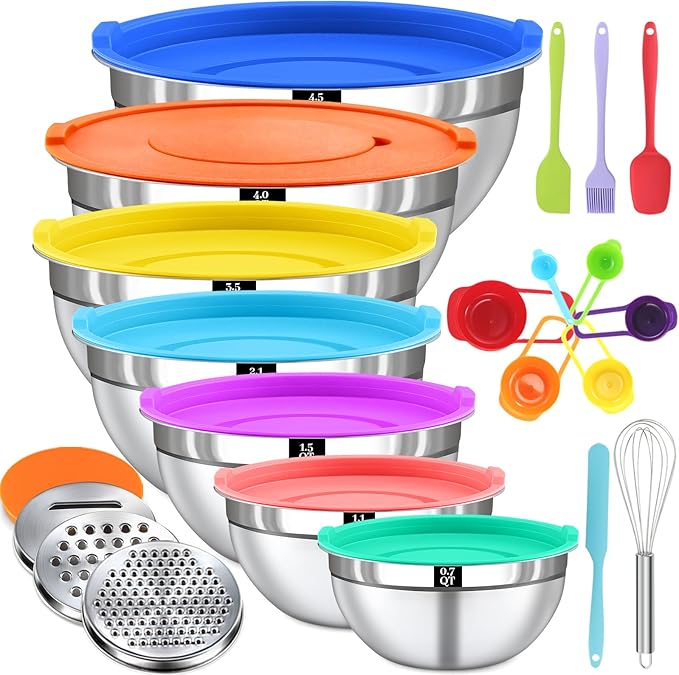Mixing Bowls with Lids Set - 7 Nesting Mixing Bowls, 3 Graters, 11 Baking Tools, Airtight Lids, Stainless Steel Mixing Bowl for Mixing & Baking, Size 0.7/1.1/1.5/2.1/3.5/4/4.5 QT, Colorful