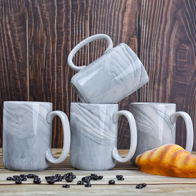 Coffee Mugs Set of 4,16 OZ Large Marble Ceramic Tea Cups with Big Handle,Bulk Grey Marble Diner Mugs Set for Latte, Beer,Cappuccino,Microwave Dishwasher Safe Cup for Men Women Gift