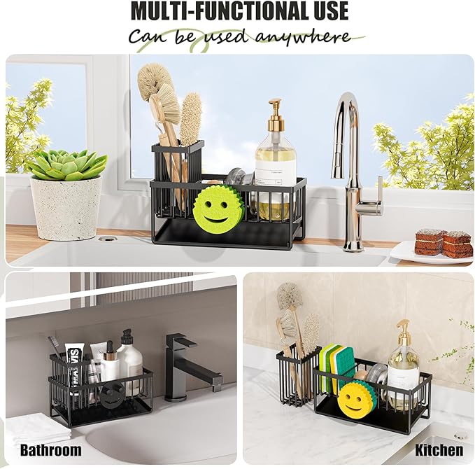 MURLONG Kitchen Sink Organizer,Sink Caddy Organizer with Removable Brush Holder,Self-Draining Countertop Organizers and Storage Essentials,Home Decor and Kitchen Gadgets-Black