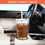 Amyoole 20 oz Ribbed Glass Tumblers With Lids and Straws,Clear Drinking Glasses Set of 4,Reusable Vintage Iced Coffee Cups,Leak Proof Thick Glass Cups for Juice,Cocktail,Smoothie,Beer,Boba